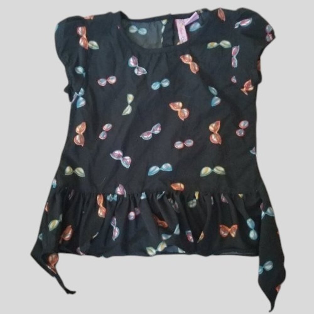 * APOLLO Black Asymmetrical Hem Sunglass Print Short Sleeved Top Girls Size 3T